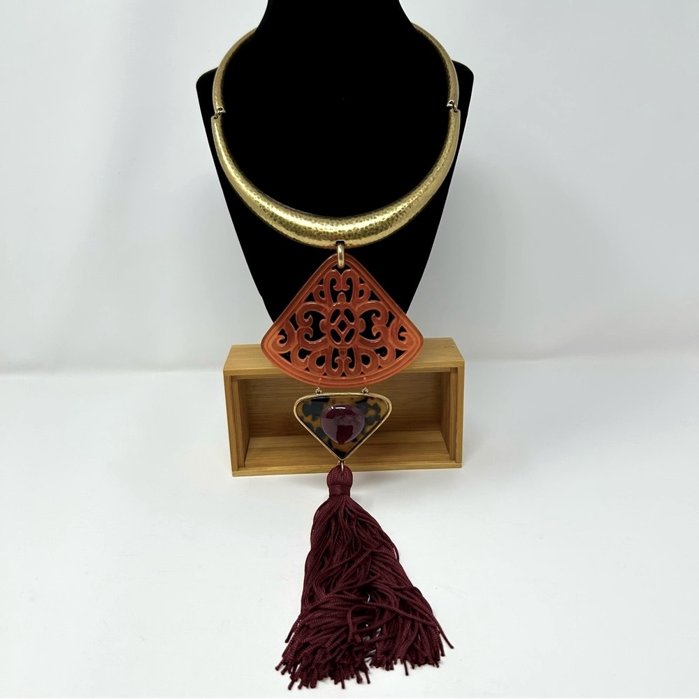 Chico's Mila Gold & Burgundy Statement Empress Collar Necklace Tortoise & Jade